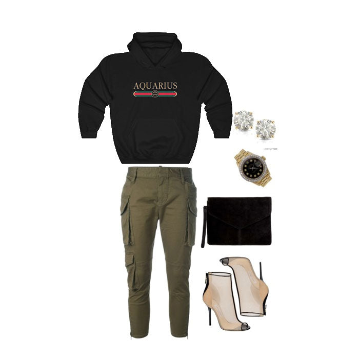 Aquarius hoodie black g-girl style with olive cargo capris and boots, zodiac clothing for birthday outfit