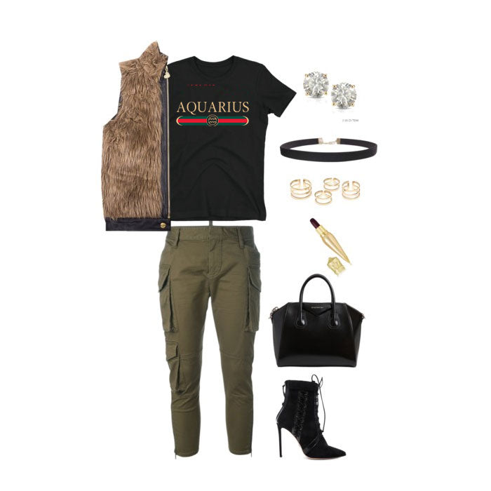 Aquarius birthday shirt black g-girl design with cargo pants and heels, Zodiac clothing for the perfect birthday outfit