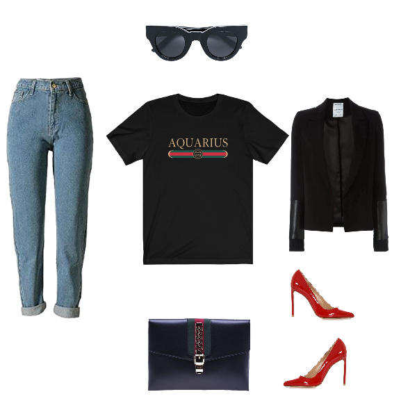 Aquarius shirt black g-girl design with jeans blazer and red heels, Zodiac clothing for birthday outfits