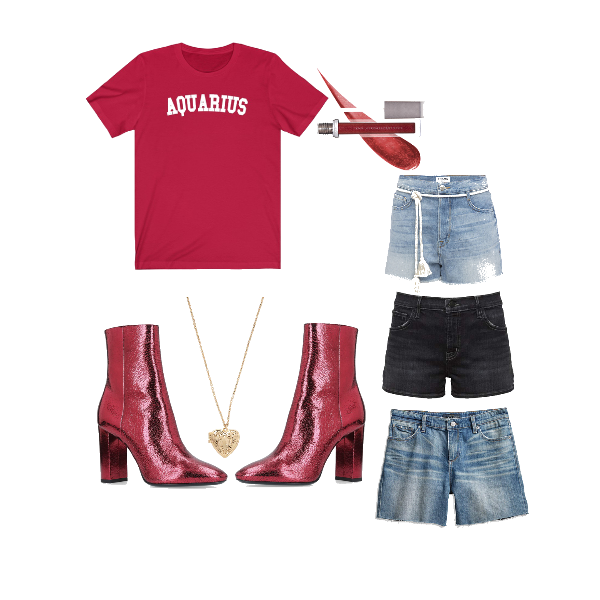 Aquarius red collegiate Shirts with Shorts and red boots - Hot Birthday Outfit Ideas