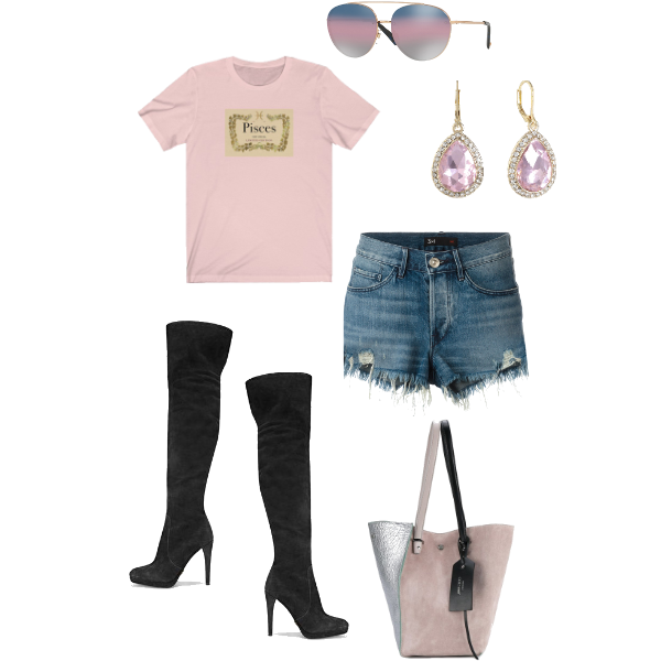 Pisces shirt pink anything design with jean shorts and suede boots, Zodiac clothing for birthday outfits