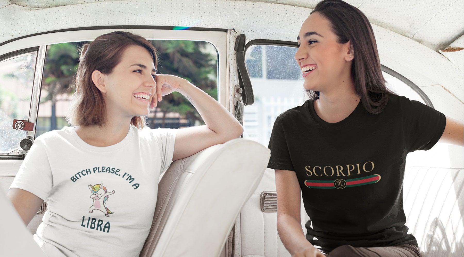 Libra Scorpio Zodiac Shirts and clothing for your Birthday Outfit. Black shirt G-girl dabbing unicorn white shirt from Zodiac Gal